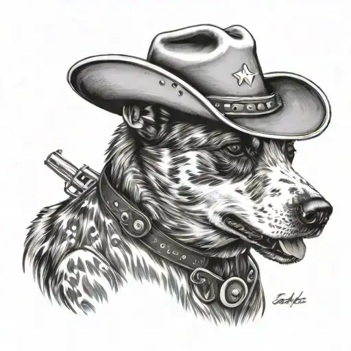 Blue heeler dog dressed as a cowboy bandit wearing a cowboy hat with two 45 colt revolvers crossed below him tattoo design idea