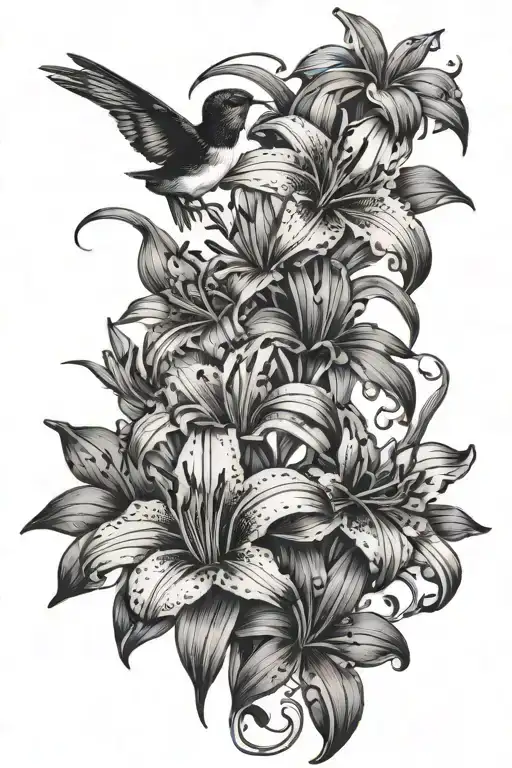 daylilies and black eyed susans with humming bird tattoo design idea