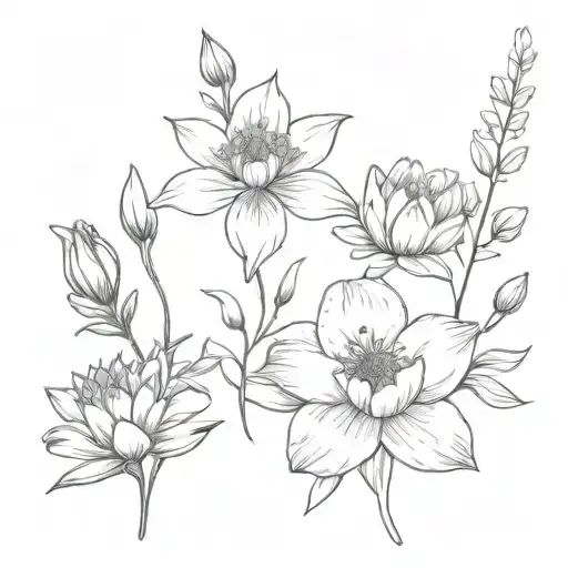 larkspur, waterlily, snowdrop, carnation flowers intertwined tattoo design idea