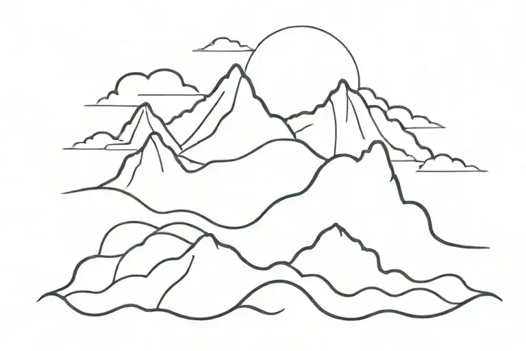 ocean wave merging into a mountain range merging into a fire trail merging into a line of clouds as a single line tattoo design idea