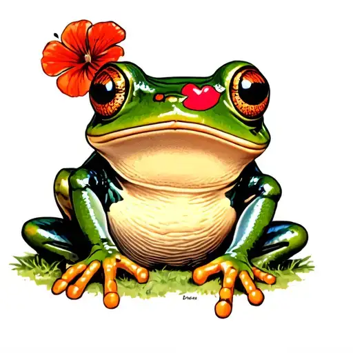 vintage frog with kiss mark on nose on mushroom tattoo design idea