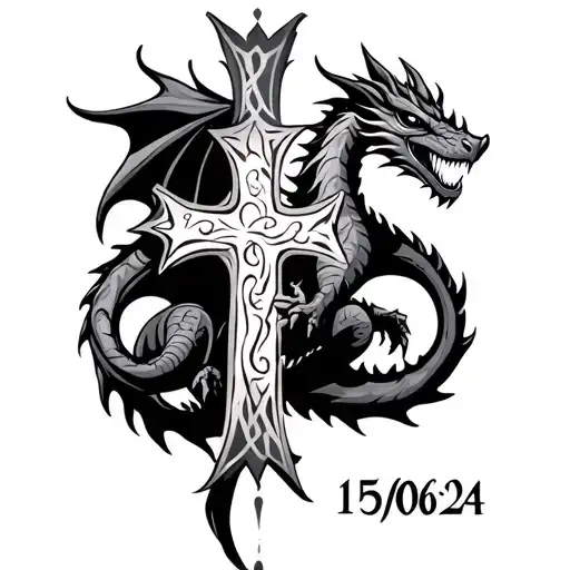 15/06/24 text inside a dragon with a cross tattoo design idea