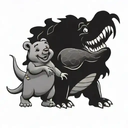 pooh and piglet with a smiling trex tattoo design idea