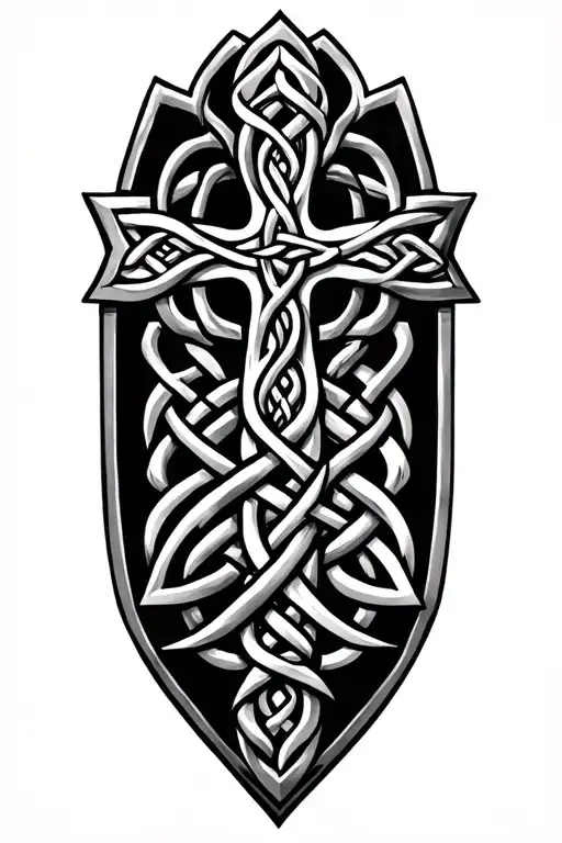 combine Celtic cross with Celtic shield knot intertwined tattoo design idea