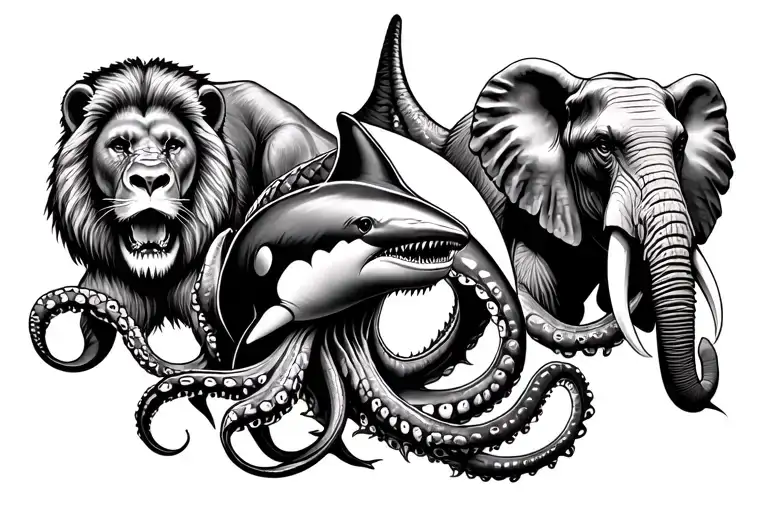 Chest tattoo has one lion, bear, gorilla, elephant, great white shark, killer whale, alligator, and octopus separate  tattoo design idea