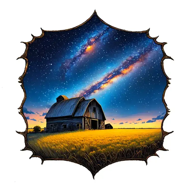 farm with barn and field with galaxy filled with stars tattoo design idea
