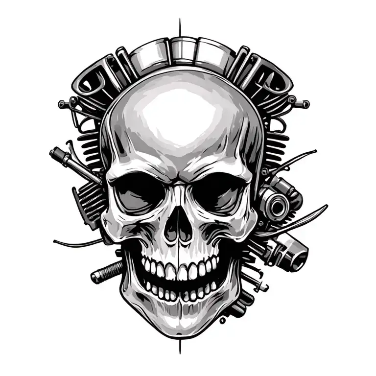 skull and motorcycle engine tattoo design idea