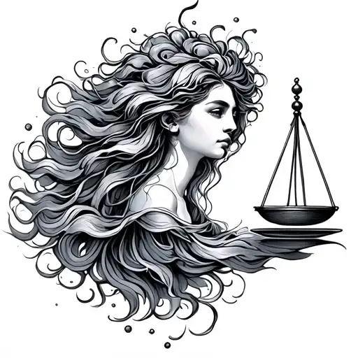 Libra scale Aquarius waves flowing hair swimming towards tattoo design idea