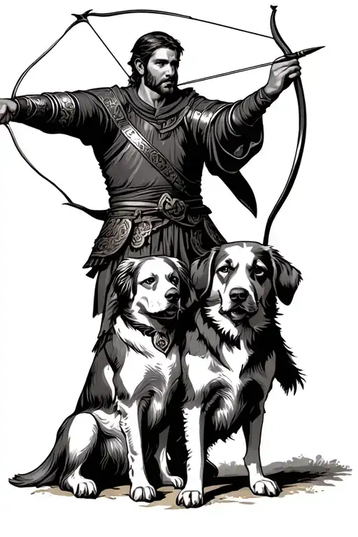 Medieval archer aiming standing next to his dog sitting tattoo design idea