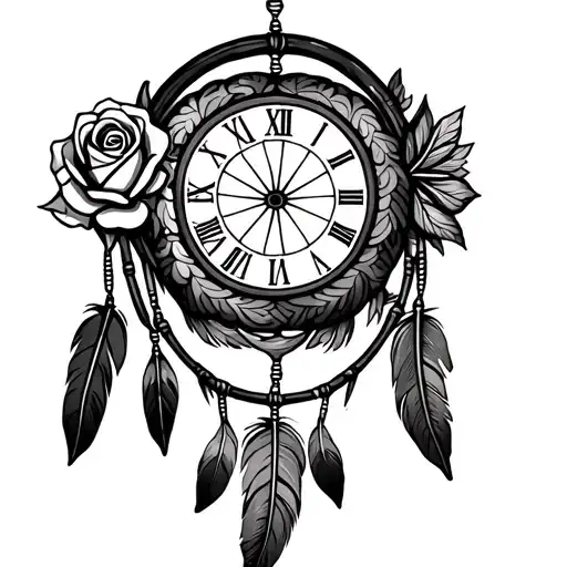 Cherokee Indian style Dreamcatcher with clock at 11:40 a rose and feathers with 11/28/41 and 1/5/21. tattoo design idea