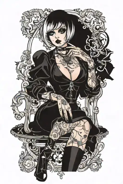 Sexy girl, Huge cleavage, petite, torn clothing, short white bob hairstyle, smoking a cigarette in mouth, thick thighs tattoo design idea