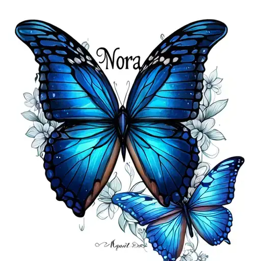 pen tattoo name Nora and big butterfly below it with detailed incents around  tattoo design idea