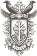 Rooker Family Crest with home in shield with  6 Crows on a celtic cross tattoo design idea