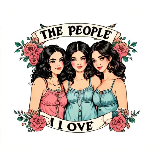 the text "the people I love" with a group of 3 girl friends tattoo design idea