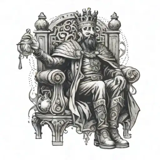 A tattoo of a king sitting on a throne made of money bags tattoo design idea