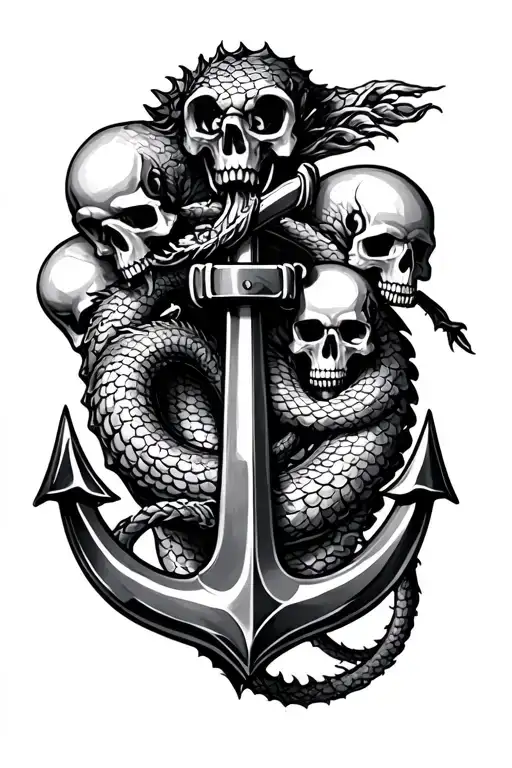 Sea Serpent wrapped around anchor with skulls tattoo design idea