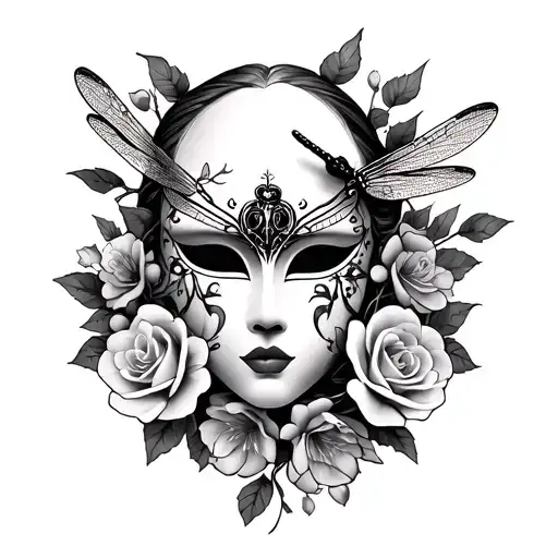 gothic mask with dragonfly, roses and cherry blossoms  tattoo design idea