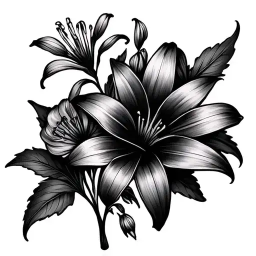 small fine line tattoo of a violet and a lily in a bouquet tattoo design idea