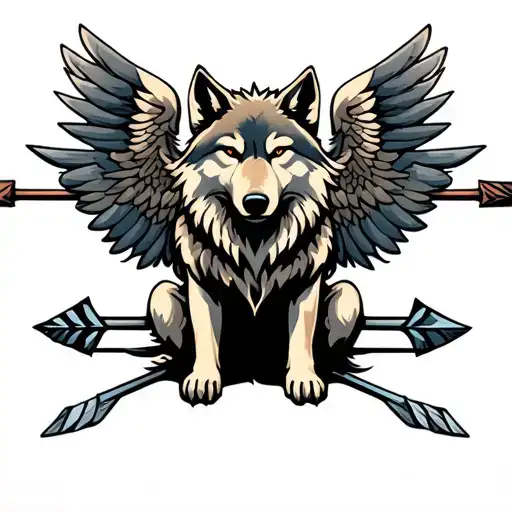 wolf with arrows and wings sitting tattoo design idea