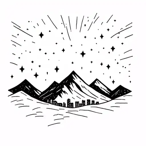 Simple outline of a mountain range with stars and the northern lights behind it with a city scape barely viable in it tattoo design idea