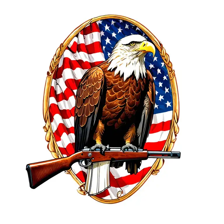 A patriotic bald eagle perched on a rifle with an American flag in the background tattoo design idea