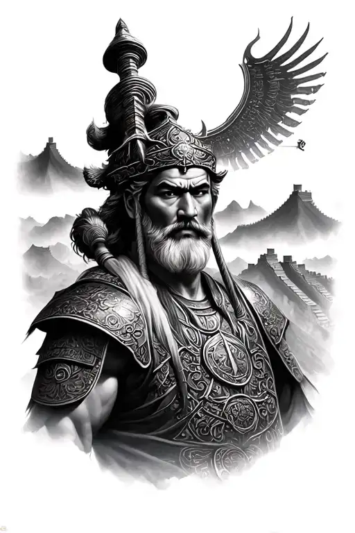 Portrait of warrior god Kürşad and the Great Wall of China realistic black and white tattoo design idea