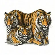 Very realistic tattoo with male tiger next to female tiger with 3 tiger cubs below tattoo design idea