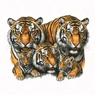 Very realistic tattoo with male tiger next to female tiger with 3 tiger cubs below tattoo design idea