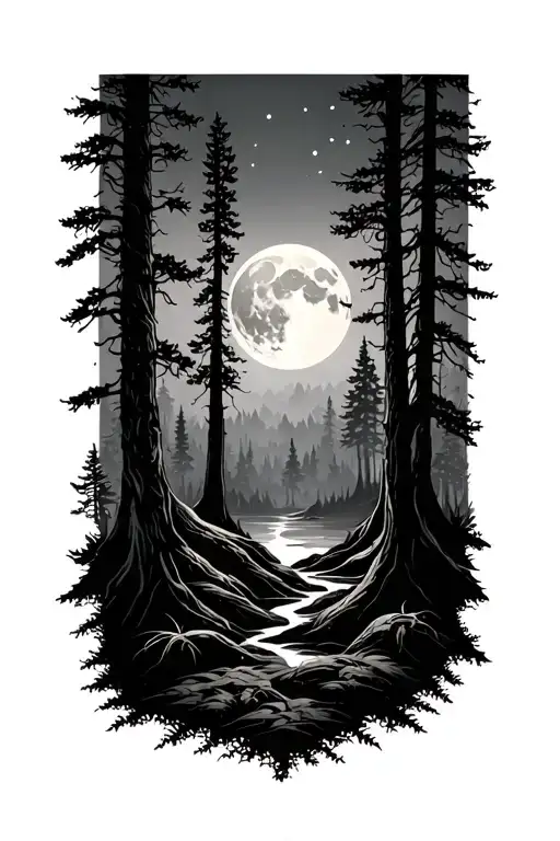 forest with moon shining tattoo design idea