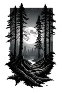 forest with moon shining tattoo design idea