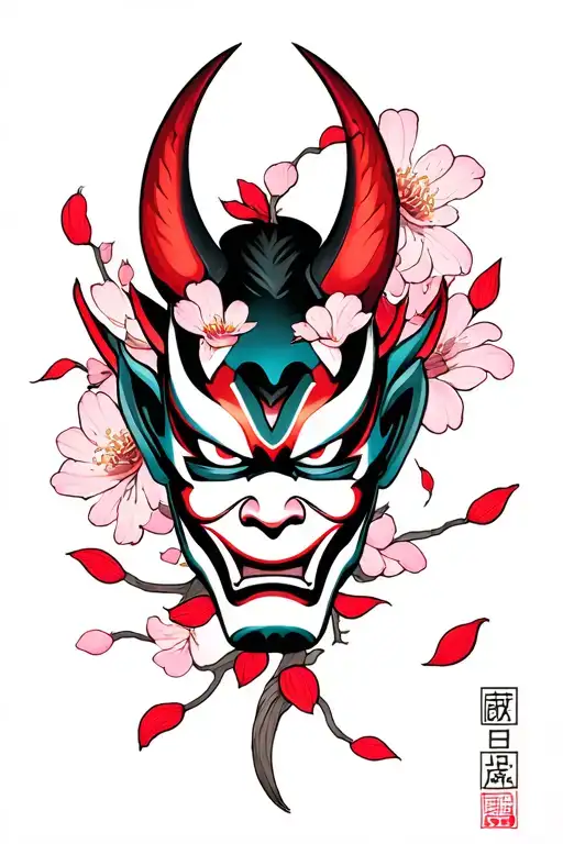 Japanese Demon Mask, Hannya, Cherry Blossom with Falling Petals tattoo design idea