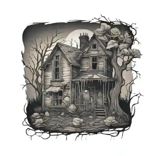 Abandoned old house, roses, tree roots tattoo design idea