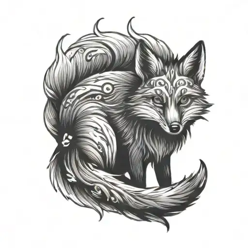 black fox with a big tail and multiple eyes on it's body tattoo design idea