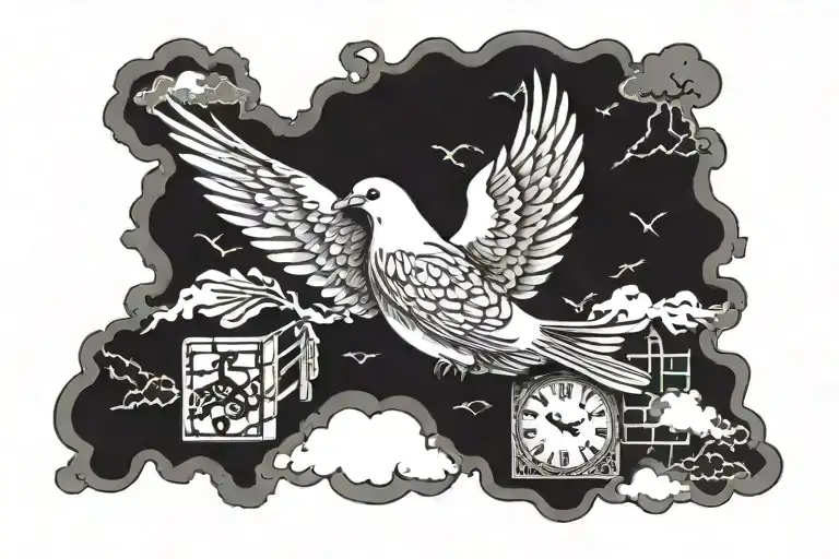 Dove, Clouds, Broken heart, 2 bricks tattoo design idea