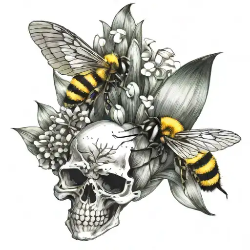 corn on the cob bumble bee hive and skull with Lilly of the valley  tattoo design idea