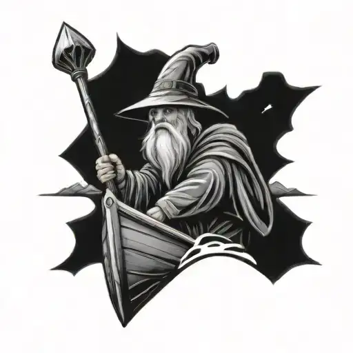 merlin the wizard in a boat on a lake  tattoo design idea