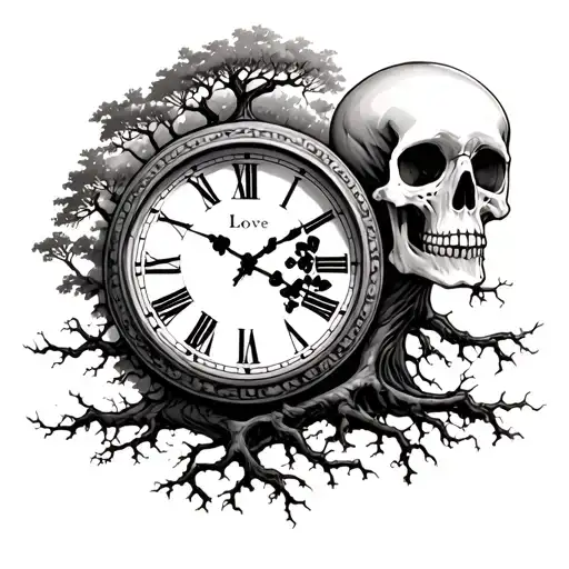 clock, love, skeleton and roots of a tree tattoo design idea