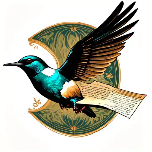 A flying swallow, that holds an ancient paper with some letters. Style is new-retro. Letters in art-deco font from '30s tattoo design idea