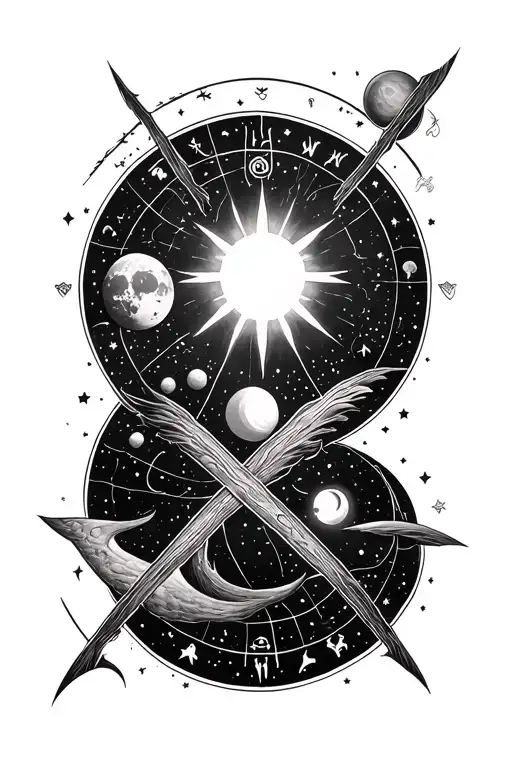 Tattoo Sleeve with zodiac sign in a circle, planetary tracks, moon phases, sun and stars, crossed by Gemetrie tattoo design idea