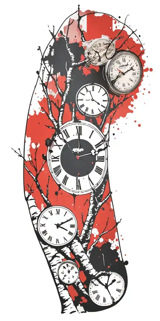 birch branches with three clocks integrated into it for an arm sleeve tattoo design idea