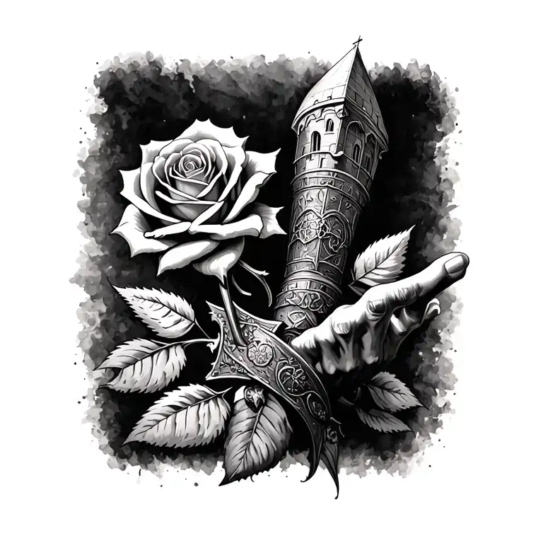 Rose hand tattoo real stencil and elbow forehand with templar el cid with castle in grey wash style tattoo design idea