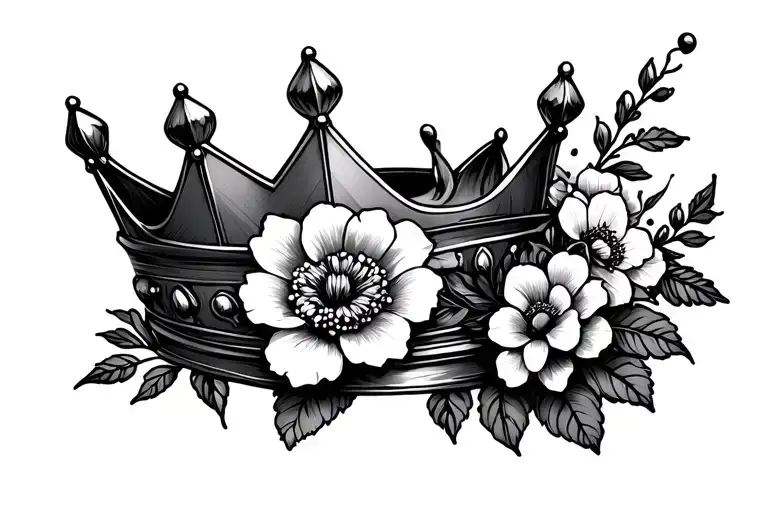 kings crown surrounded by bold flowers tattoo design idea