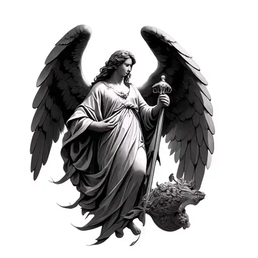 Black & grey neo-classical illustrative realism (archangel / biblical theme) tattoo design idea