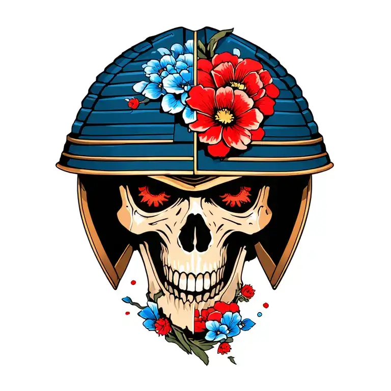 japanese style scenery of a samurai helmet broken in half with a skull showing through, red and blue flowers tattoo design idea