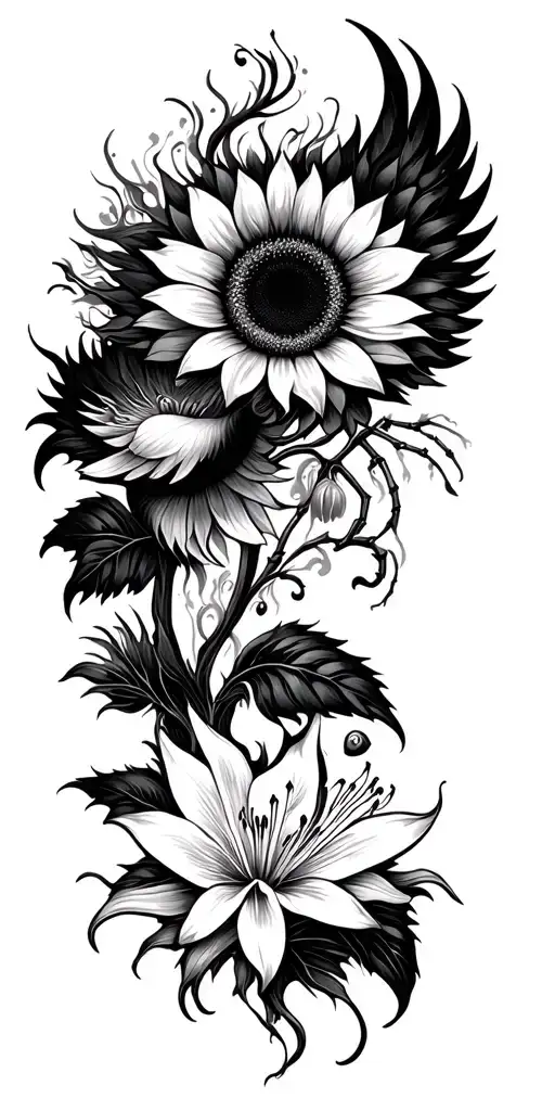 sunflower, lotus, spider lily with phoenix intertwined  tattoo design idea