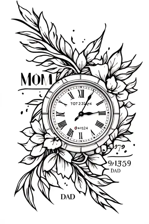 time piece memorial tattoo Mom 07/23/44 Dad 09/15/39 tattoo design idea