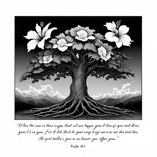 A poison tree surrounded by hibiscus flowers, featuring the Bible verse Psalm 46:5. tattoo design idea