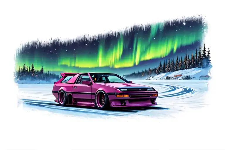 Toyota Treeno AE86 Initial Drift under the northern lights tattoo design idea