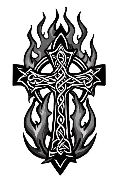 Celtic cross surrounded by tribal flames tattoo design idea