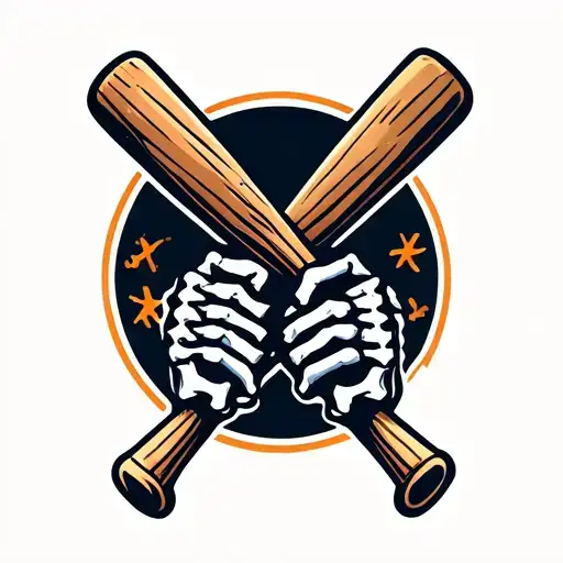 skeleton hands holding two crossed wooden baseball bats tattoo design idea